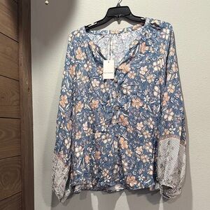 Heyson Floral Blue Women's Long Sleeve Top 3X NWT